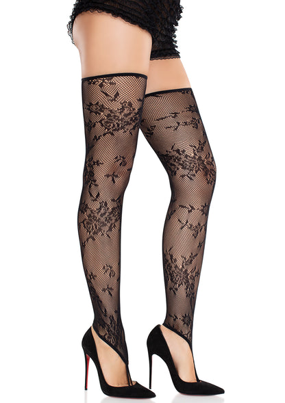Floral Net Toe Loop Footless Thigh Highs