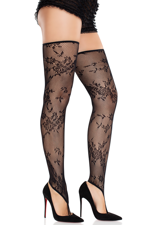 Floral Net Toe Loop Footless Thigh Highs