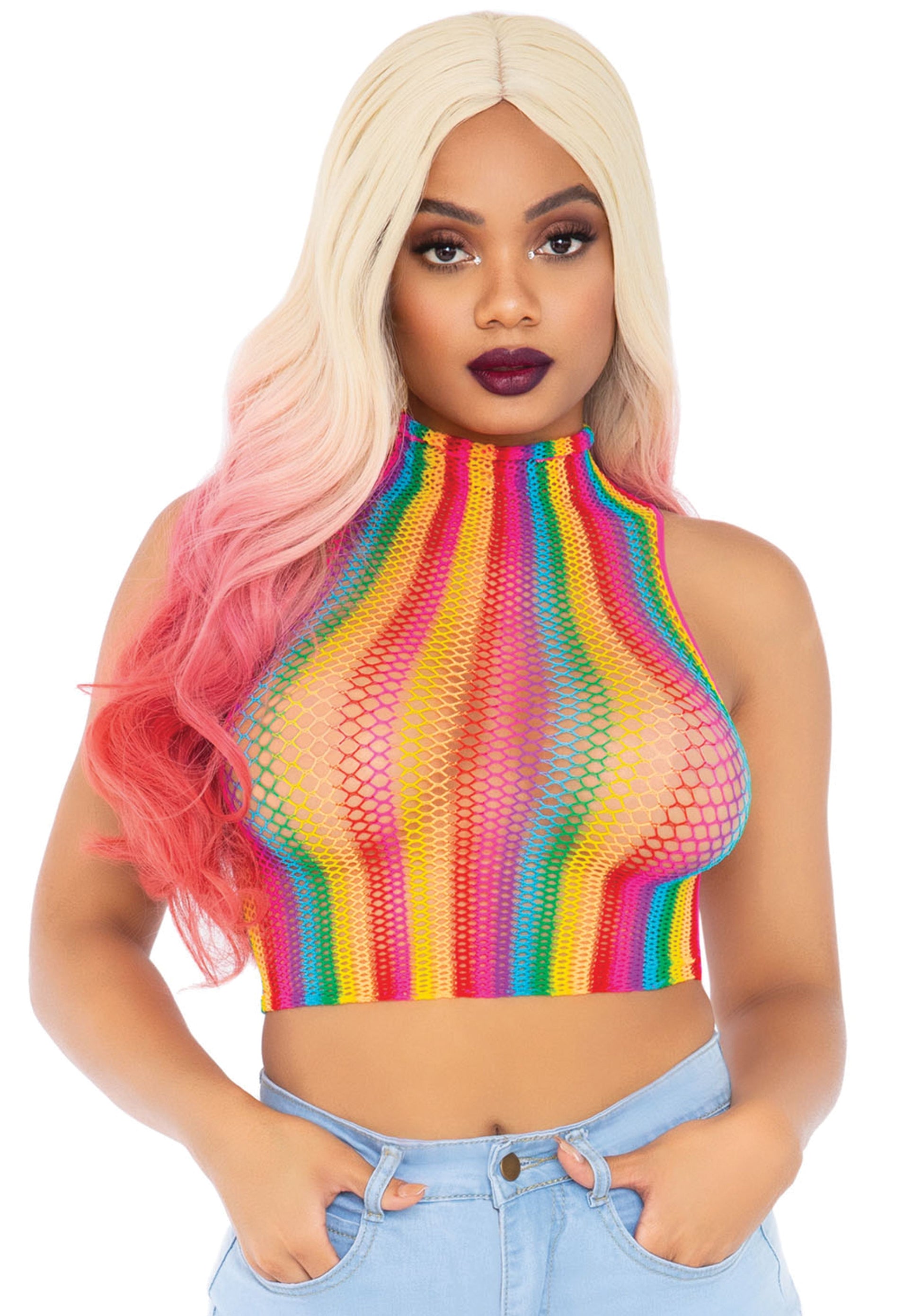 Leg Avenue 81610 Rainbow net high neck crop top