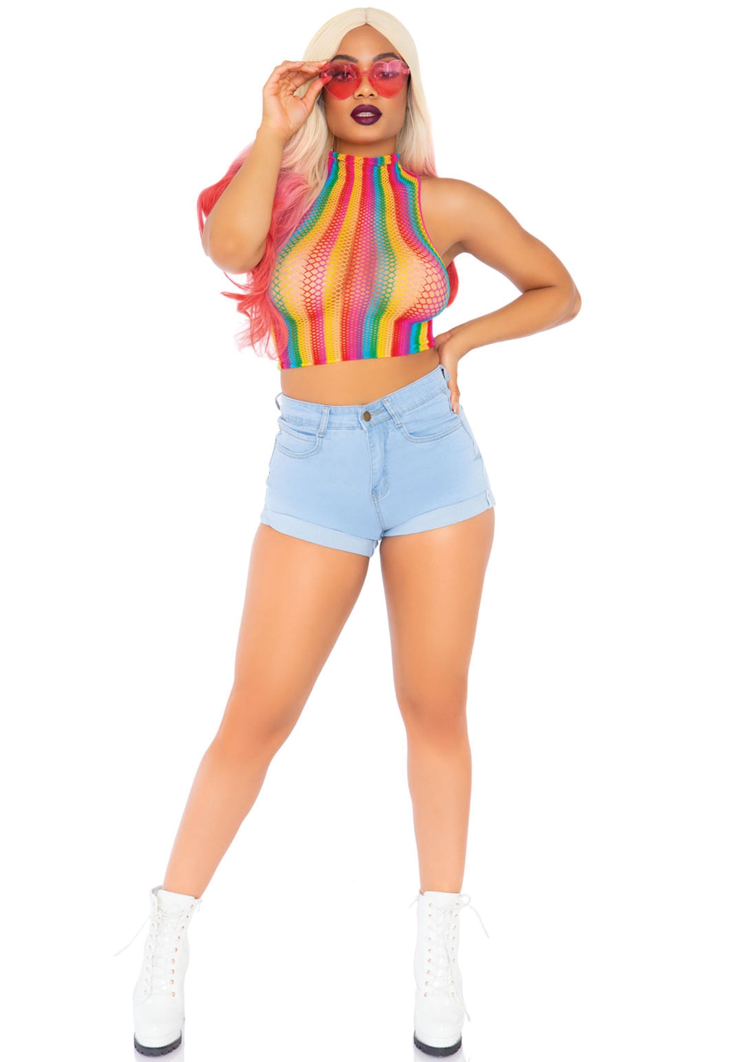 Leg Avenue 81610 Rainbow net high neck crop top