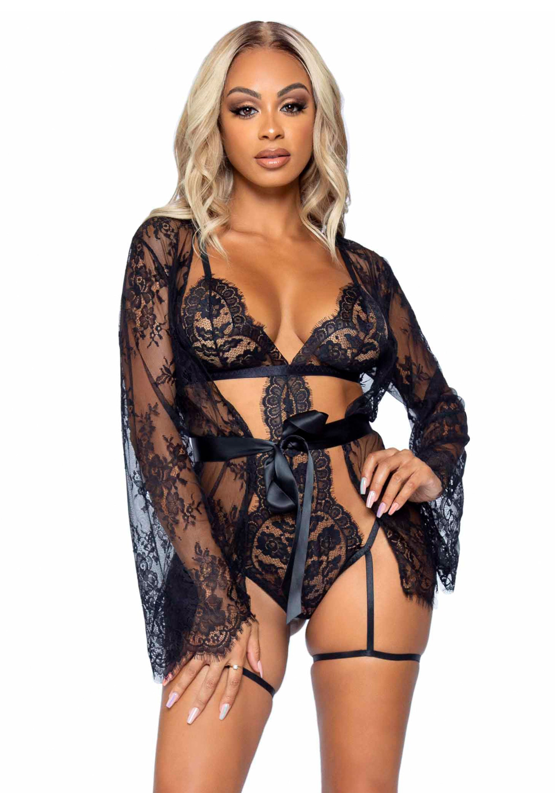 Leg Avenue 86123 Teddy, lace robe & ribbon tie