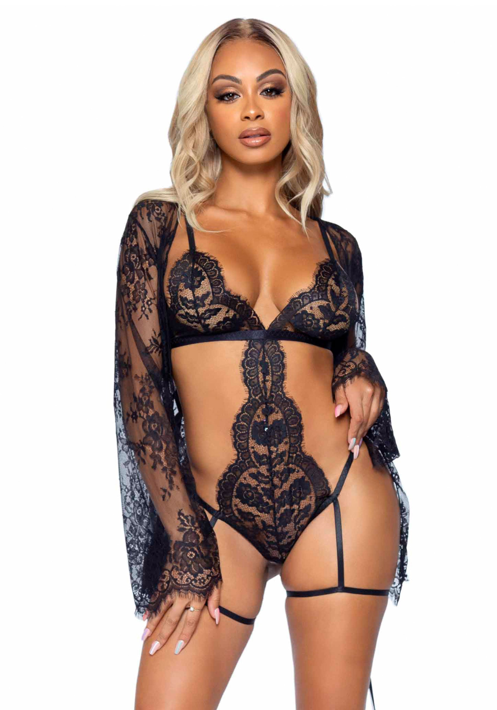 Leg Avenue 86123 Teddy, lace robe & ribbon tie