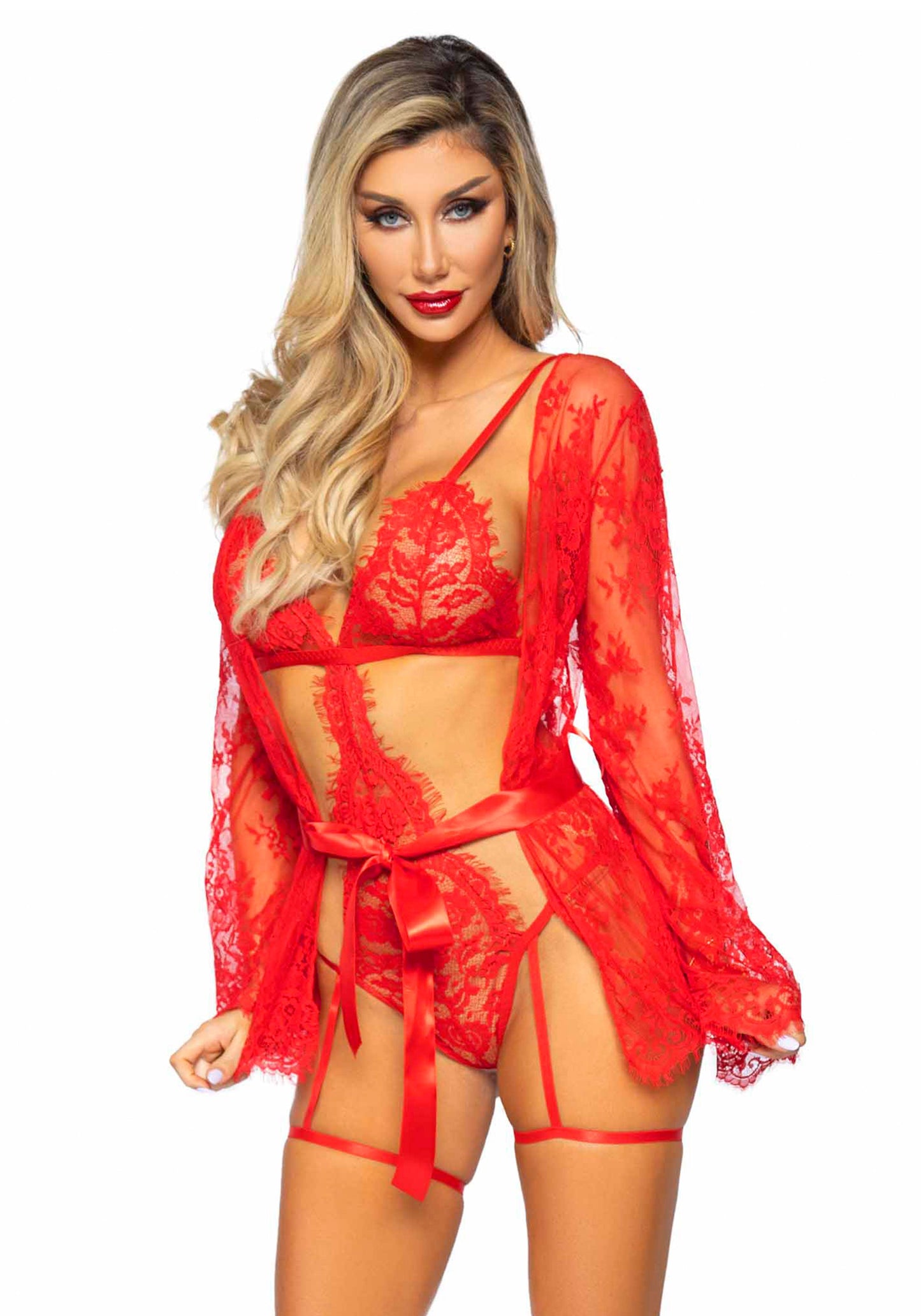 Leg Avenue 86123 Teddy, lace robe & ribbon tie