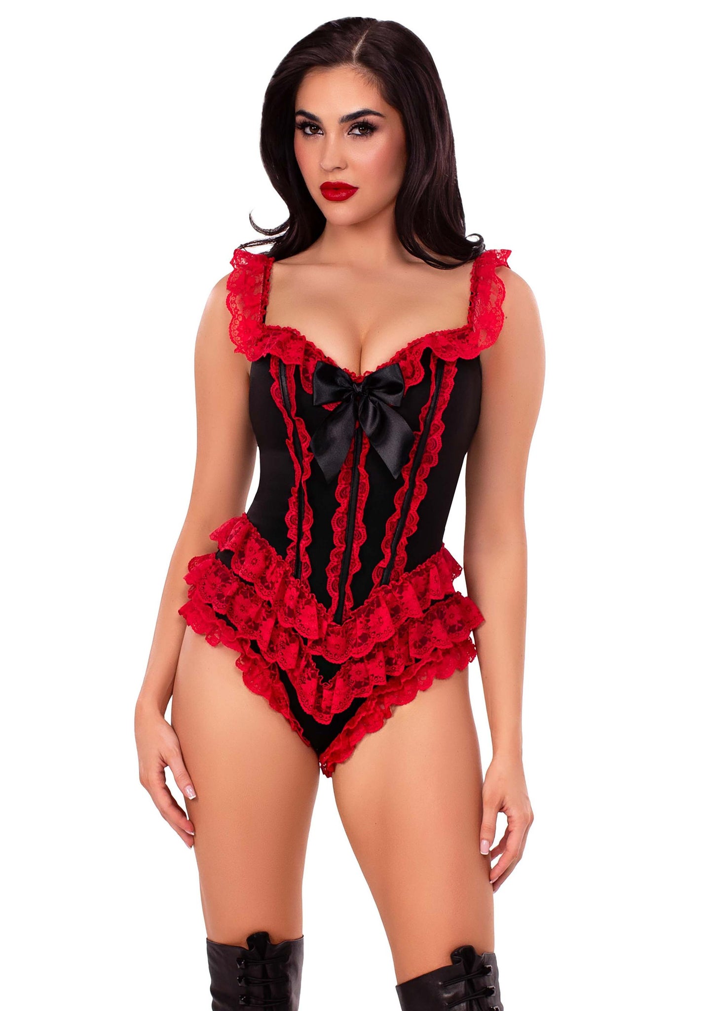Boned Ruffle Bodysuit with Bow Accent