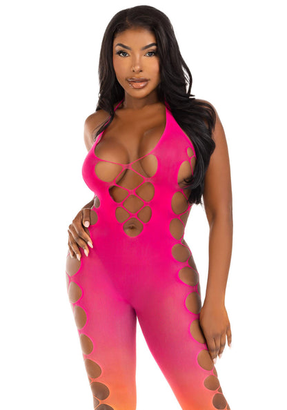 Ombre Faux Lace Up Footless Bodystocking