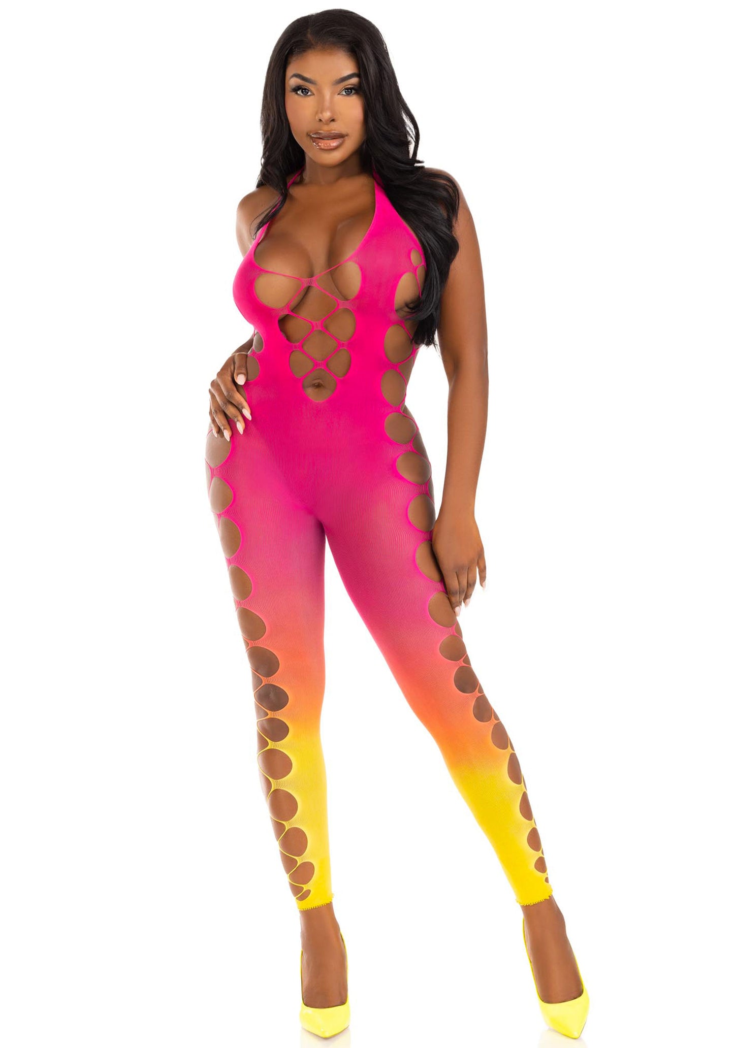 Ombre Faux Lace Up Footless Bodystocking