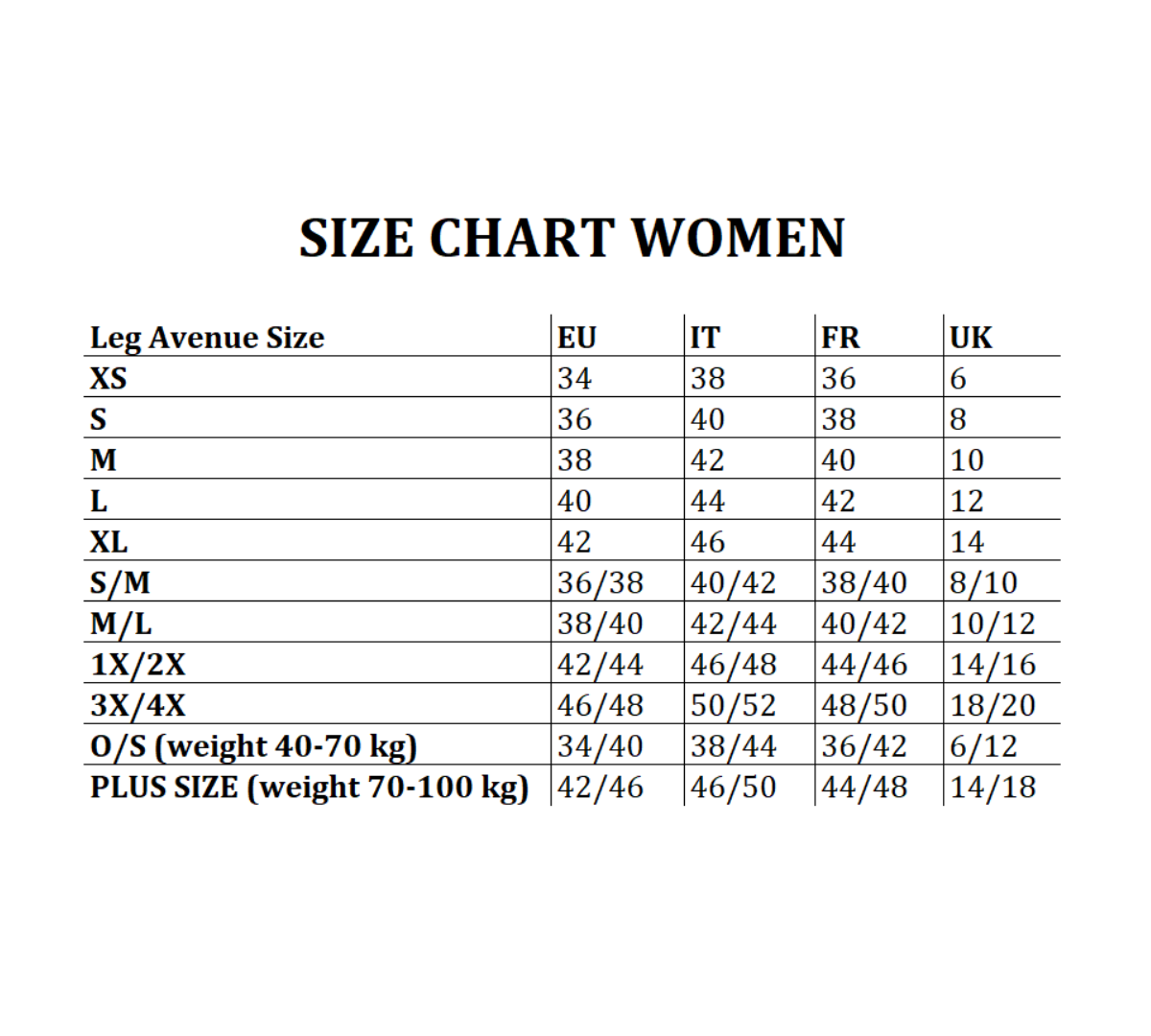 Size Charts Leg Avenue Europe