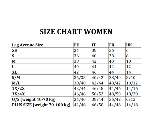 Size Charts – Leg Avenue Europe